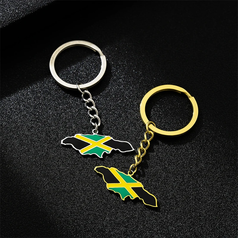 Fashion Jamaica Map Flag Keychain Stainless Steel Gold Silver Color Jamaican Outline Emblem Ethnic Patriotic Jewelry