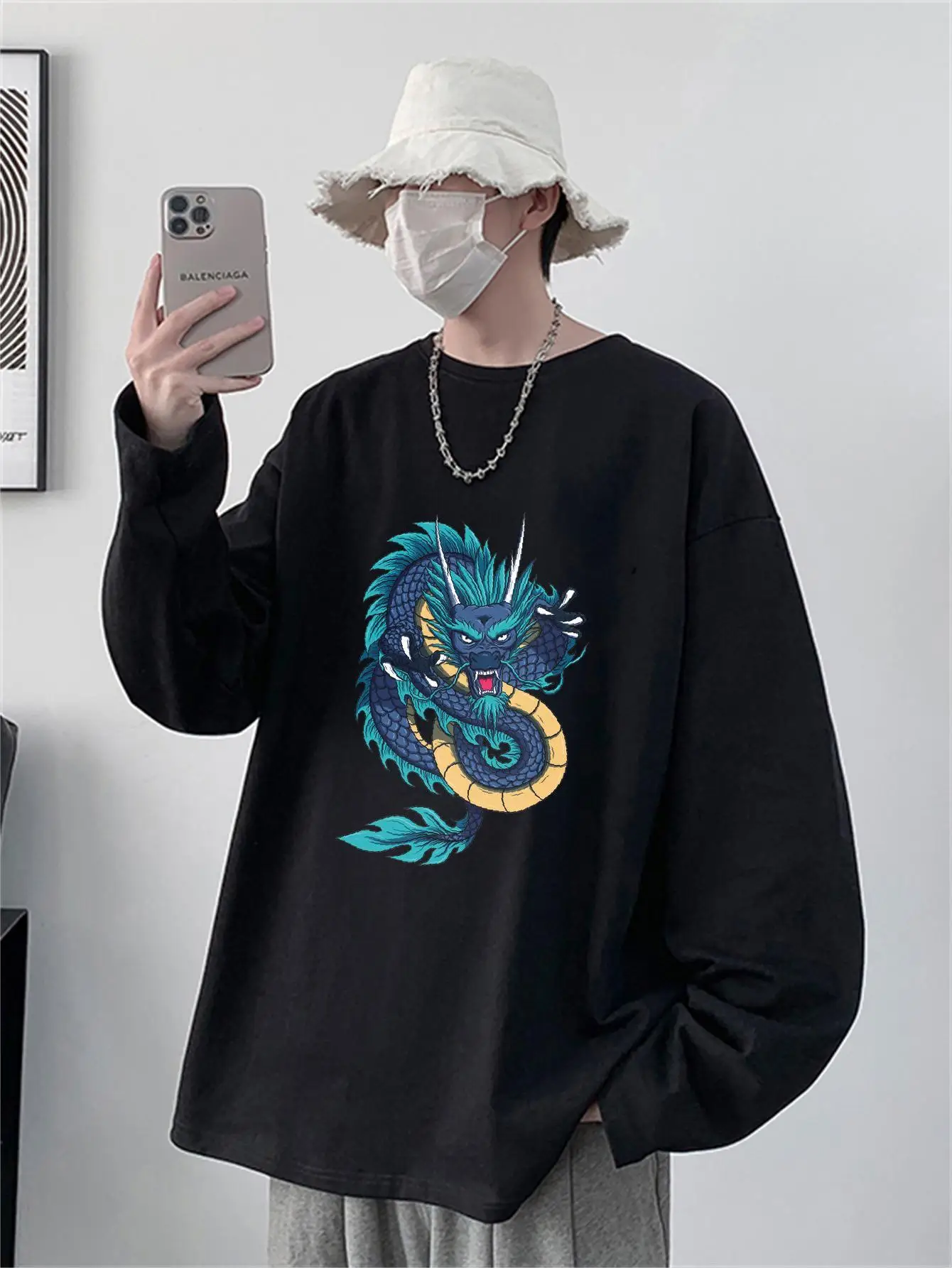 Cartoon Dragon Graphic Men Vintage T-shirts Autumn Oversize Unisex Long Sleeve Tees Crew Neck Y2k Hip Hop Male Streetwear