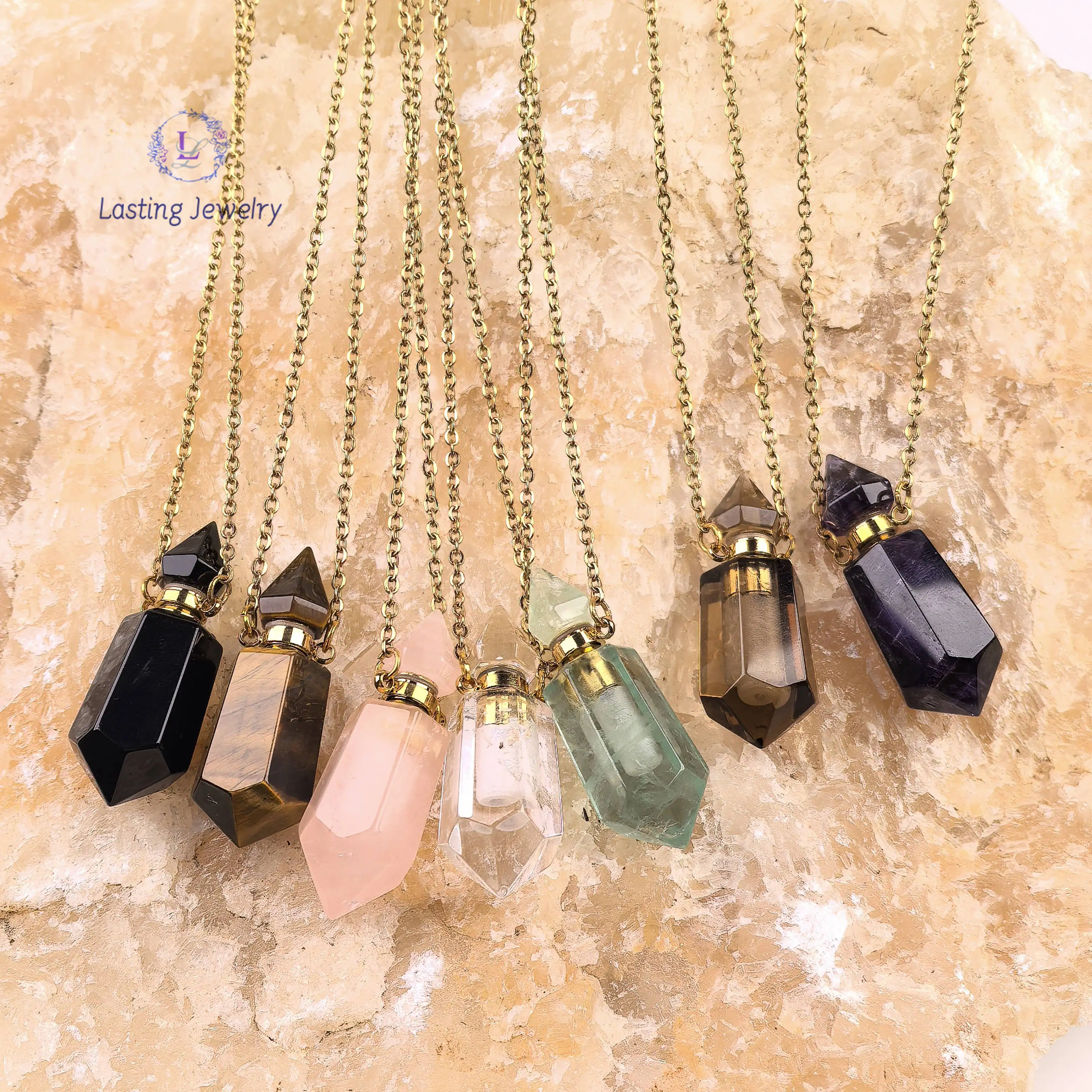 Healing Crystal Double Point Essential Oil Diffuser Vial Pendants Fluorite Rose Quartz Perfume Bottle Charms Necklace Jewelry