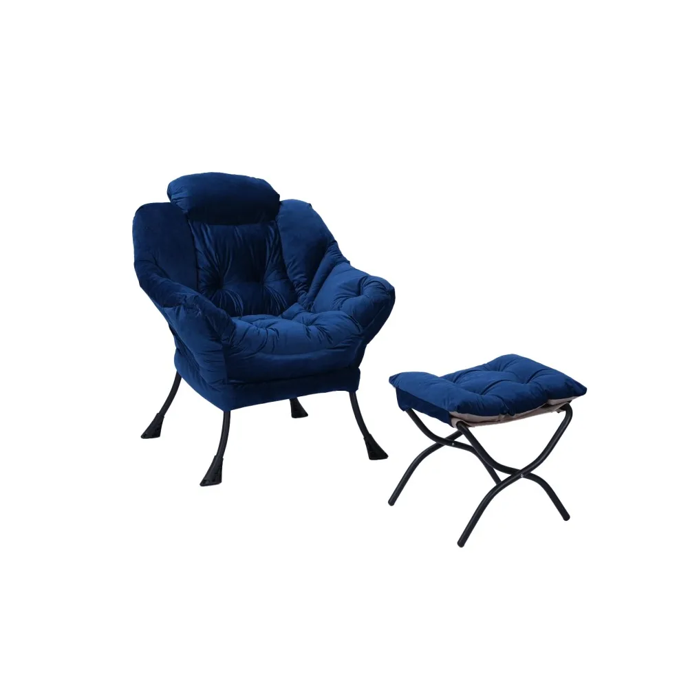 

Modern Lazy Chair with Ottoman, Blue Cotton Fabric Lounge Chair with Steel Frame, Armrests, Side Pocket, and Footrest for Living