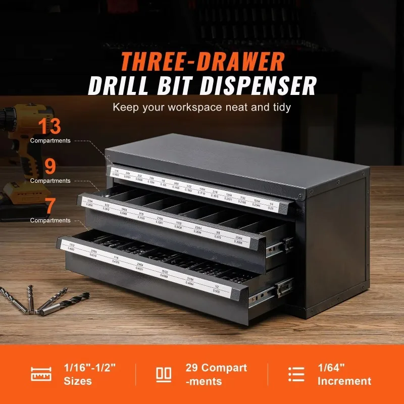 Three-drawer steel drill bit storage cabinet 1/16 inch 1/2 inch, drill bit storage cabinet