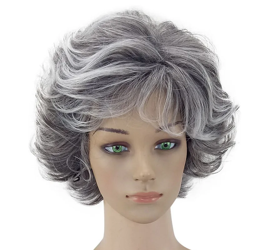 Christmas Day Aig Foreign Trade Foreign Trade New Women's Short Curly Wig Fluffy Gray White Gradient Anti Curling Hair JF2070