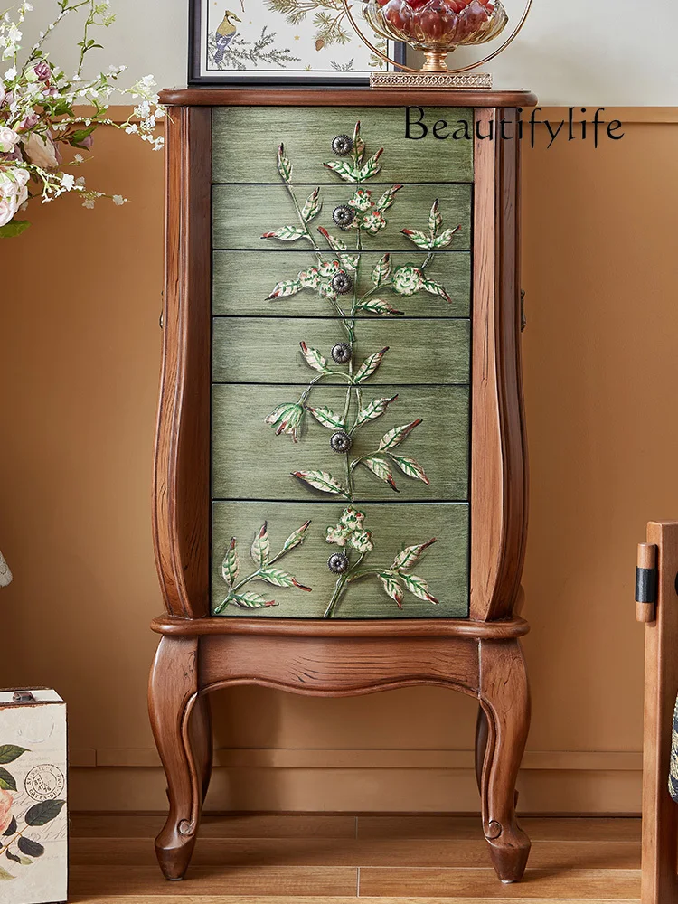 

American retro jewelry cabinet hand-painted flower branches and leaves storage retro round handle home decoration