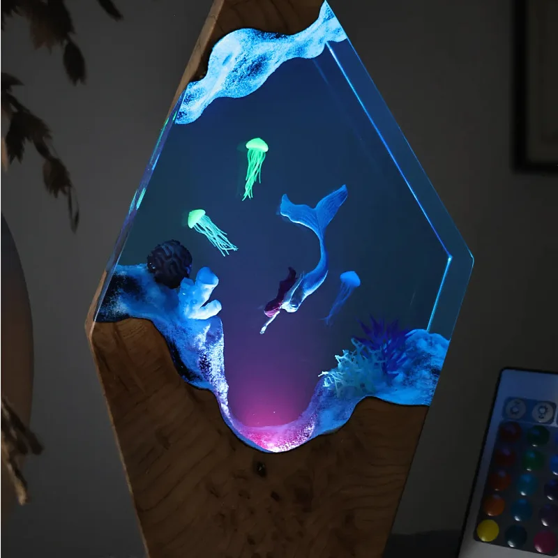 New Solid Wood Ocean Mermaid Jellyfish Remote Control Resin Lamp Home Atmosphere Nightlight Festival Gift