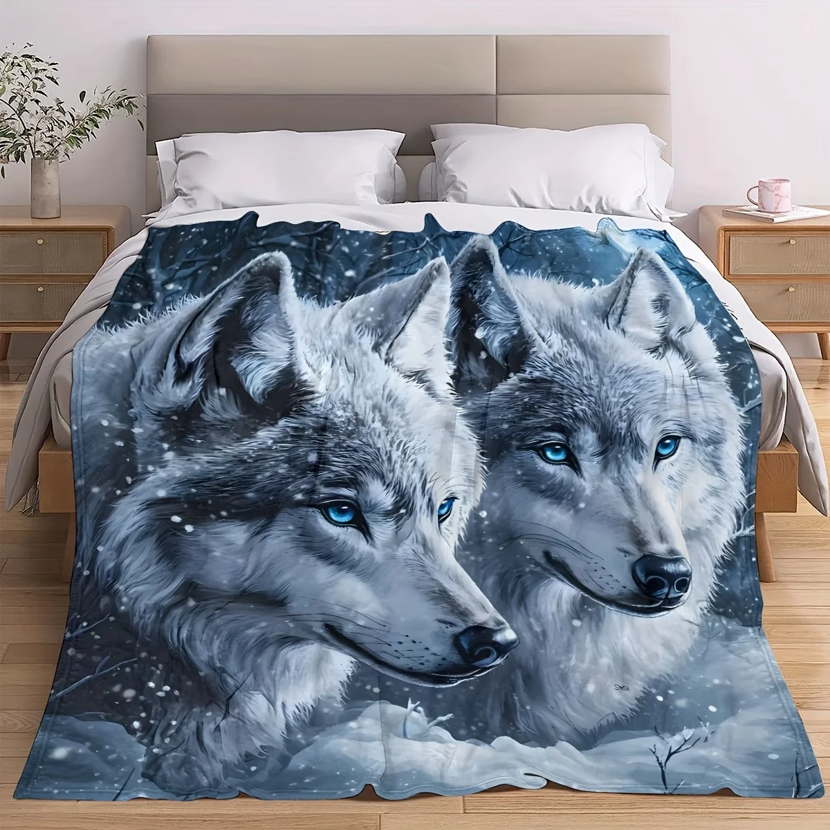 Newest Snow Mountain Twin White Wolf Blue Eyes Flannel Throw Blanket, Cool Wildlife Animal Blanket for Sofa Bed Living Room
