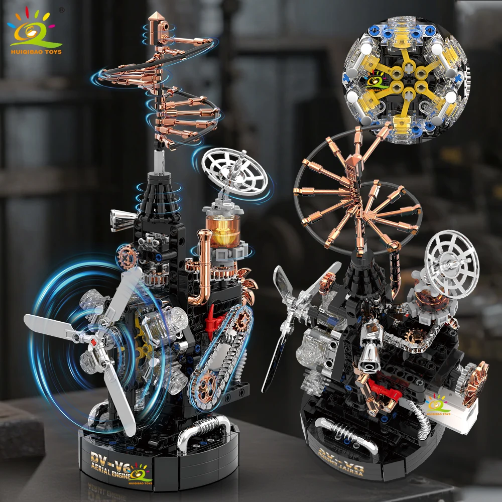 HUIQIBAO MOC Simulation Electric helicopter V6 engine with motor Building Blocks Technical plane Engine Accessories Parts Bricks
