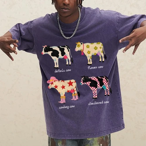 Imagen 2 del producto Camiseta con estampado de vaca de dibujos animados, algodón puro, hombros lavados, cuello redondo, estilo Neutral, tendencia de moda, nuevas mangas cortas de alta calidad