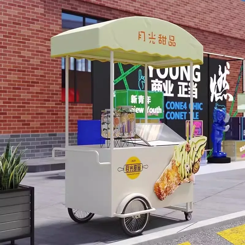 Compact Mini Ice Cream Dessert Push Cart Large Storage Weather Canopy Mobile Park Beach Vending Business Food Trailer