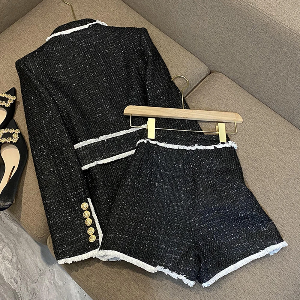 TWOTWINSTYL French Style Two Piece Sets For Women Lapel Long Sleeve Top High Wasit Shorts Elegant Set Female YJA106114 KPA514967