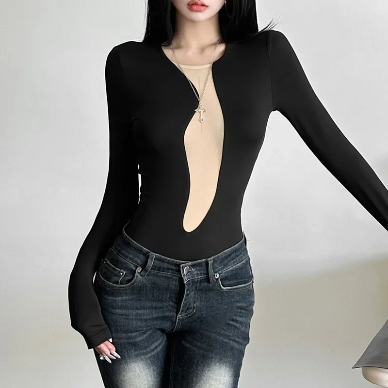 Cyber Y2K Mesh Patchwork Skinny Bodysuits Women Techwear Mall Gothic Long Sleeve Tops E-girl Sheer One-piece Bodysuit