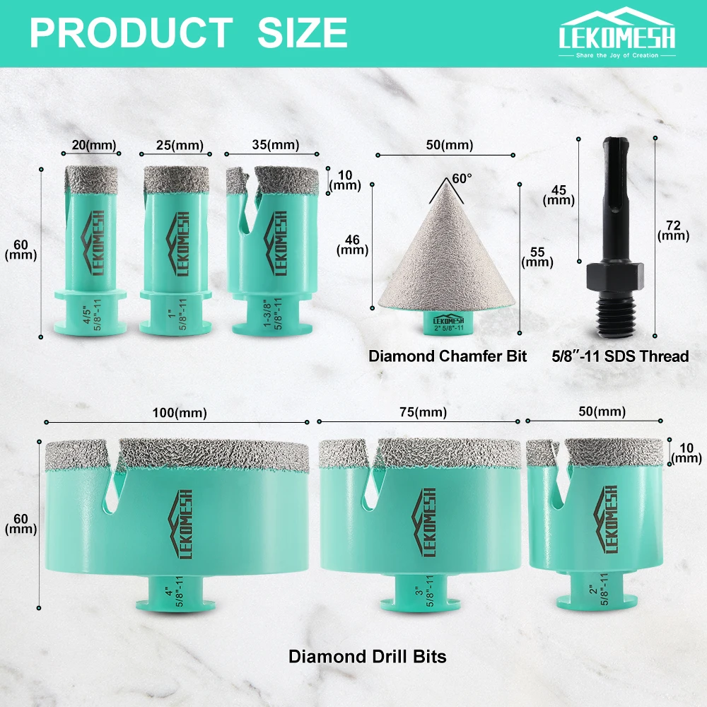 8pcs/set 20-100mm Diamond Core Drill Bits Chamfer Bit 5/8''-11 Thread  SDS Adapter Porcelain Marble Tile Hole Core Cup Saw