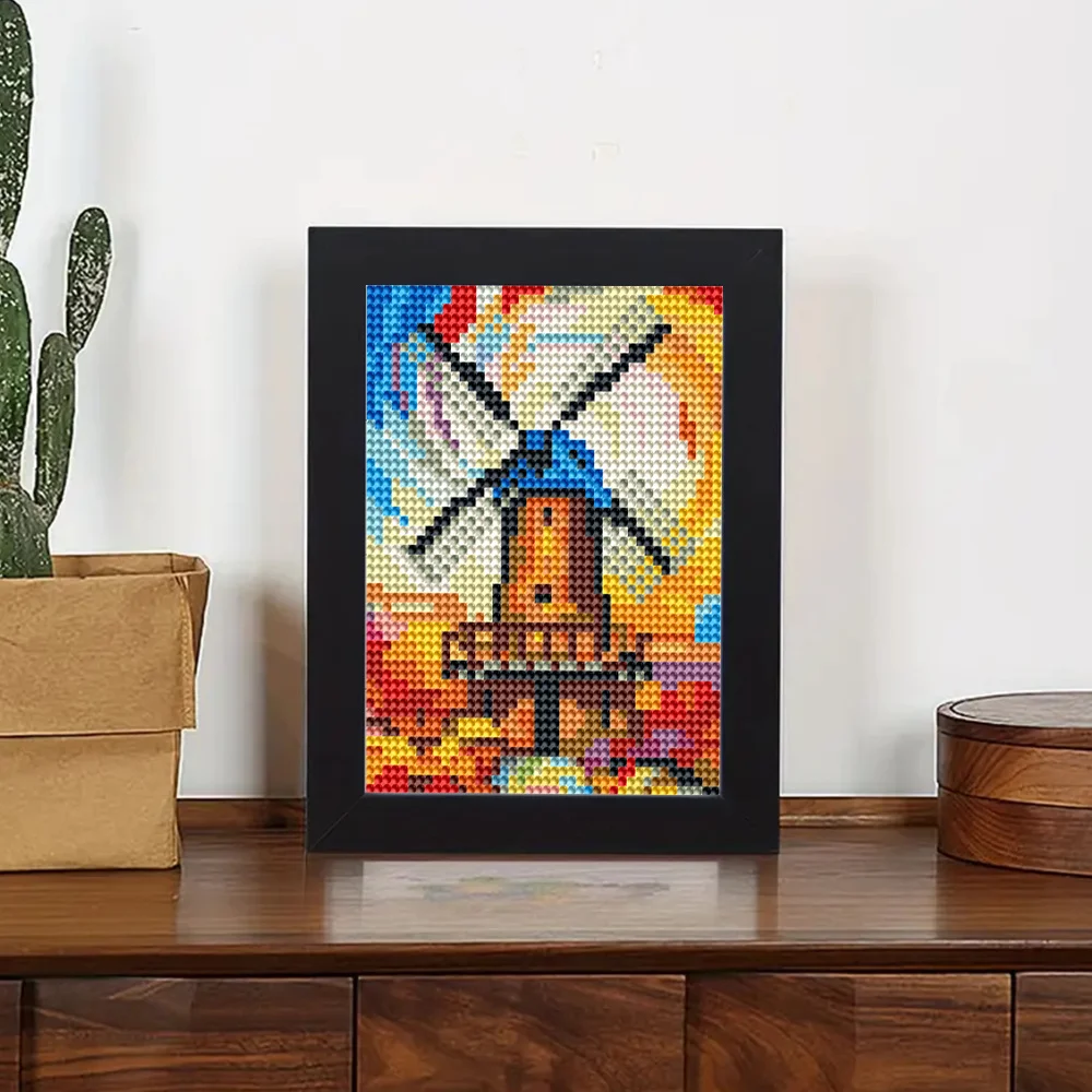 Huacan 12pc New Arrivals Mini Diamond Painting Landscape Windmill Mosaic Cartoon House Handmade Hobby Art Wall Decor