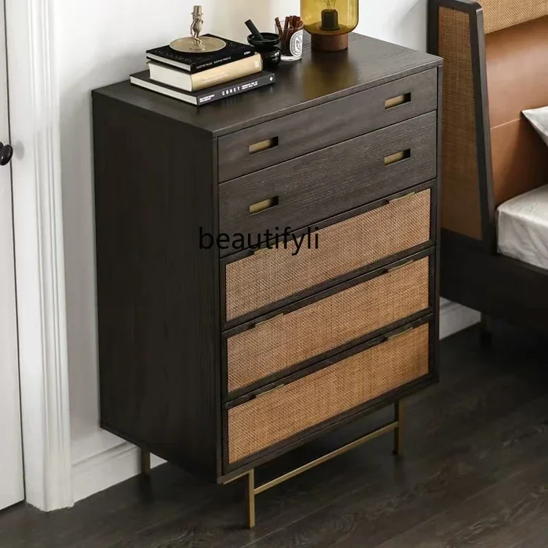 Nordic Retro Solid Wood Chest of Drawers Wabi-Sabi Style Side Cabinet Rattan Storage Cabinet Designer  Bedroom Storage Cab