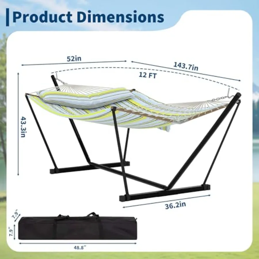 Portable 2 Person Double Hammock with Sturdy Heavy-Duty Steel Stand 450LBS Max Load Quick Effortless Assembly Ideal for Indoor