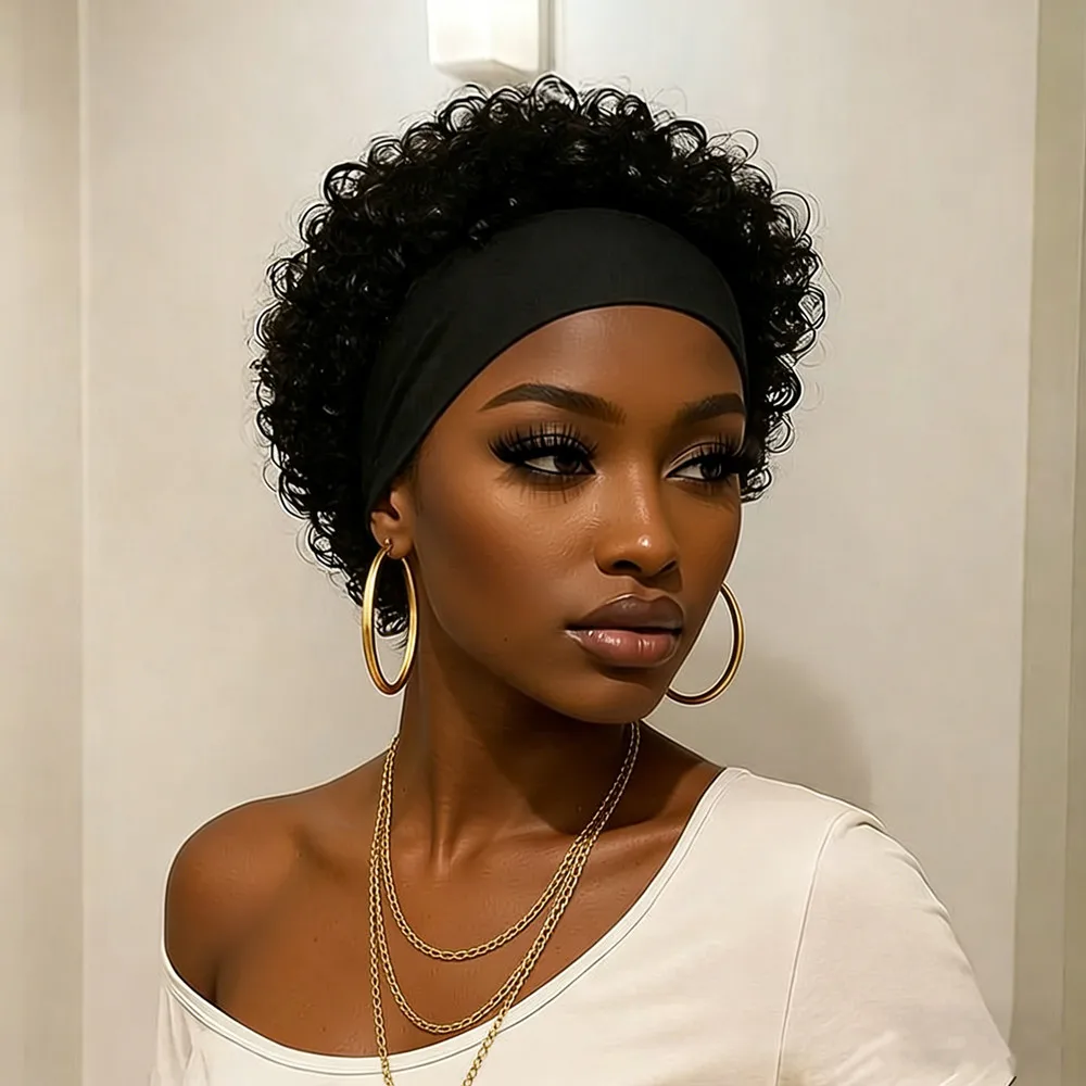 

pixie headband wig 6inch machine made natural black color short curly pixie cut human hair wigs 150% density remy hair for women