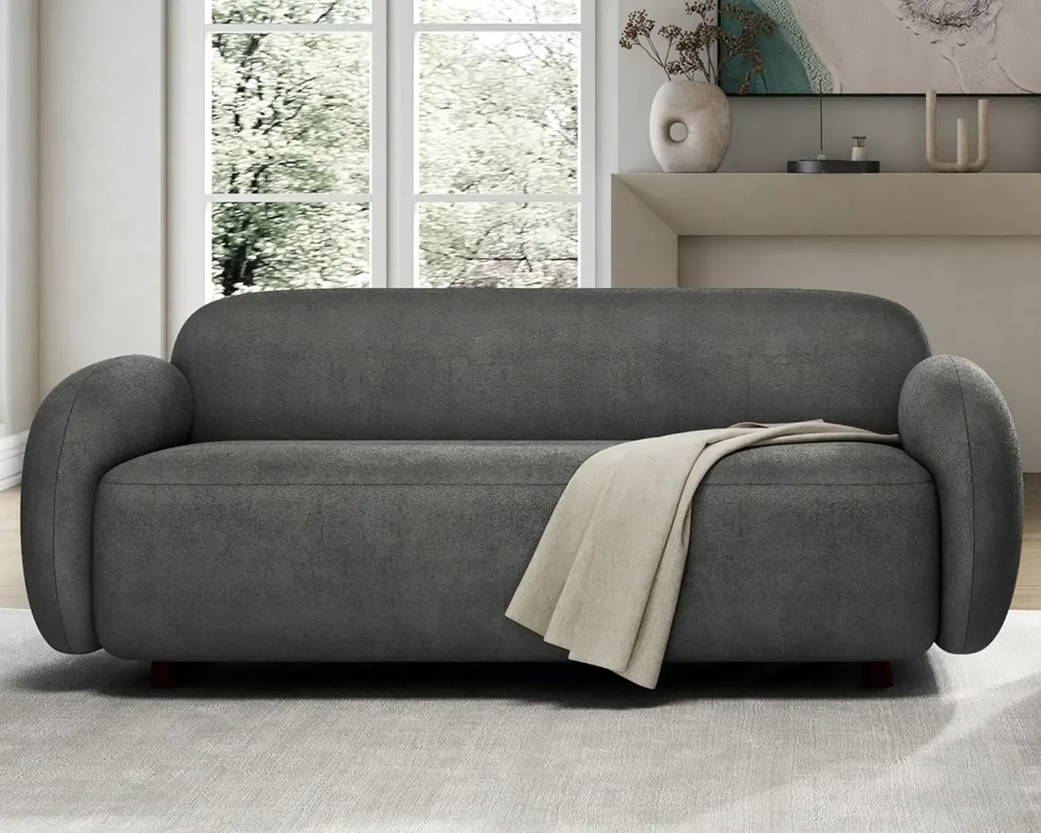 3 Seater Sofa, Modern Couch with SoftUpholstered, Comfy Cloud Sofa Couch for Living Room Home Office Sherpa Grey Curved Couch