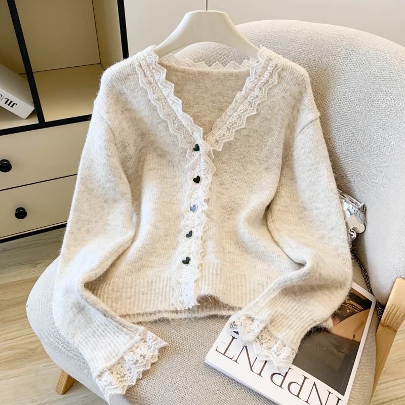 

French V-Neck Lace Cardigan Single Row Heart Button Jacket Cream White Elegant Sweater Spring Autumn Office Wear