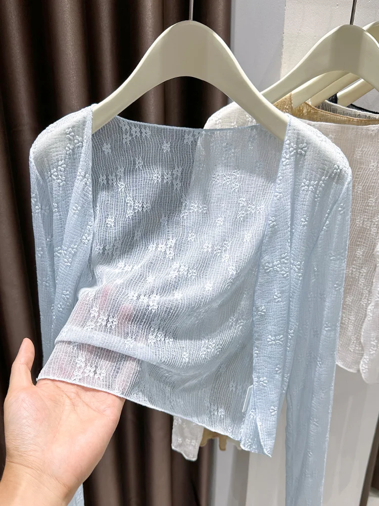 

Синий кружевной кардиган с открытыми рукавами, женская весенняя юбка, верхняя одежда для защиты от солнца, тонкая прозрачная верхняя одежда, топ с длинными рукавами