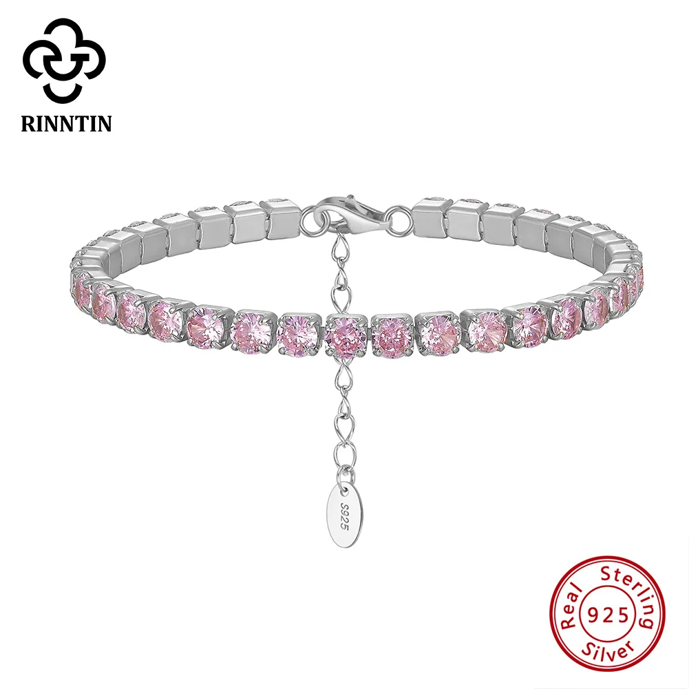 

Rinntin Shiny 4.0mm Pink CZ Tennis Bracelet 925 Sterling Silver Brilliant Luxury Chain Bracelet for Women Party Jewelry SB193