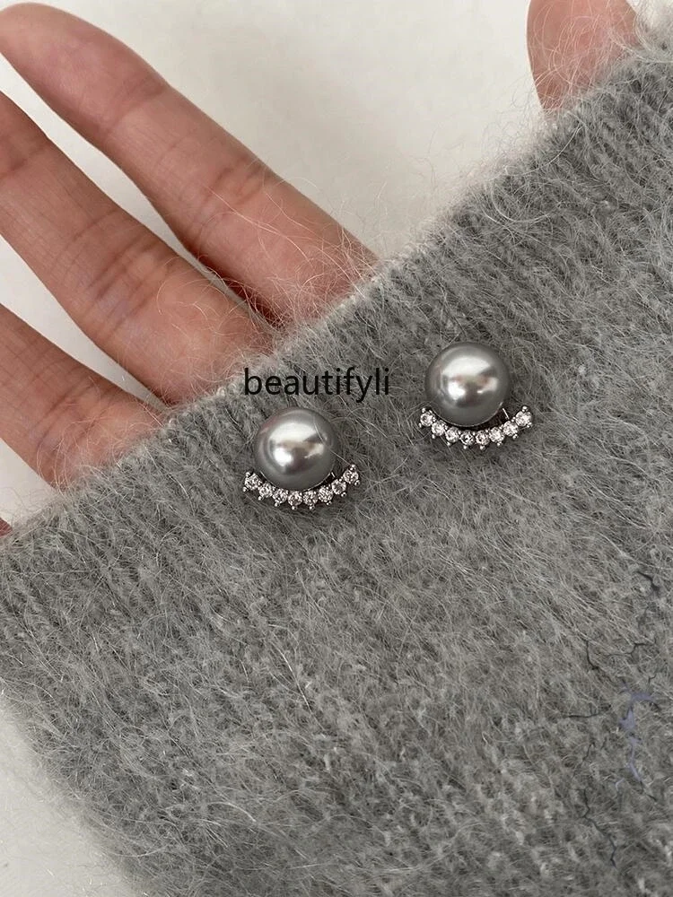 

New 925 silver needle curved zircon pearl earrings light luxury French temperament stud earrings