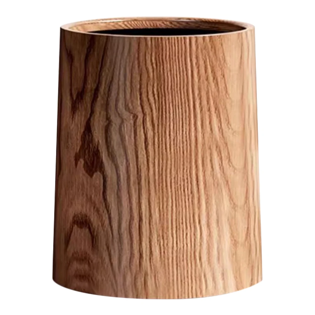

Imitation Wood Grain Trash Can Large Capacity Lightweight Home Bathroom Office Round Wastebasket Garbage Container
