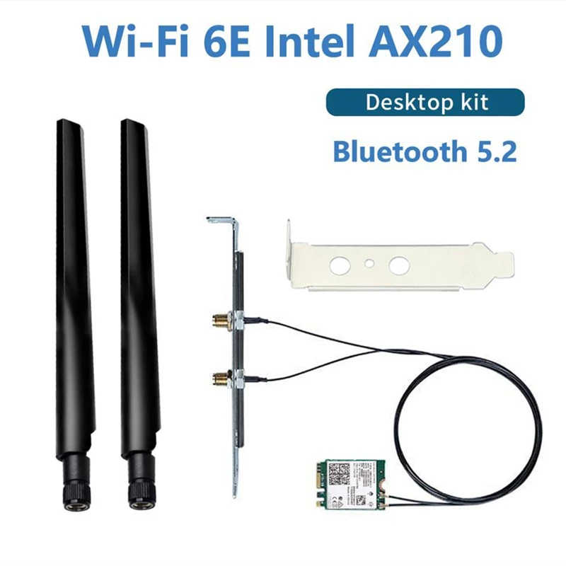 WiFi 6E AX210 AX210NGW 3000Mbps Desktop Kit with External Antenna 2.4G/5G/6Ghz Bluetooth 5.2 M.2 NGFF Key E 802.11ax/ac MU-MIMO