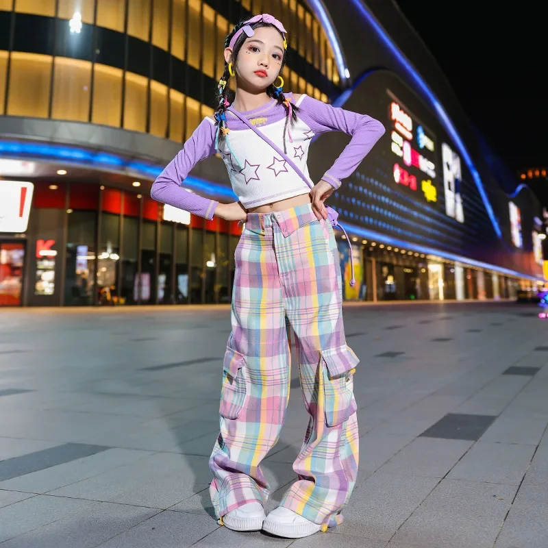 Girls Hip Hop Jazz Clothes Sets Off Shoulder Long Sleeve Crop Top + Plaid Pants Kids Performance Catwalk Street Dance Costumes