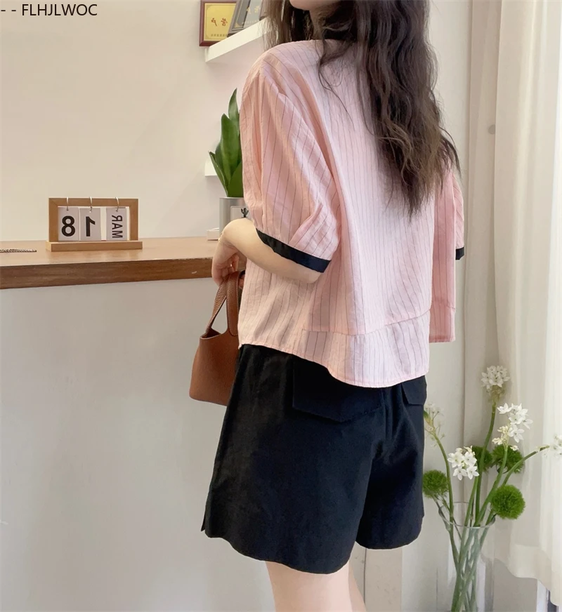 Милые розовые топы, блузки, милые японские повседневные свободные летние рубашки в полоску для девочек в консервативном стиле с короткими рукавами