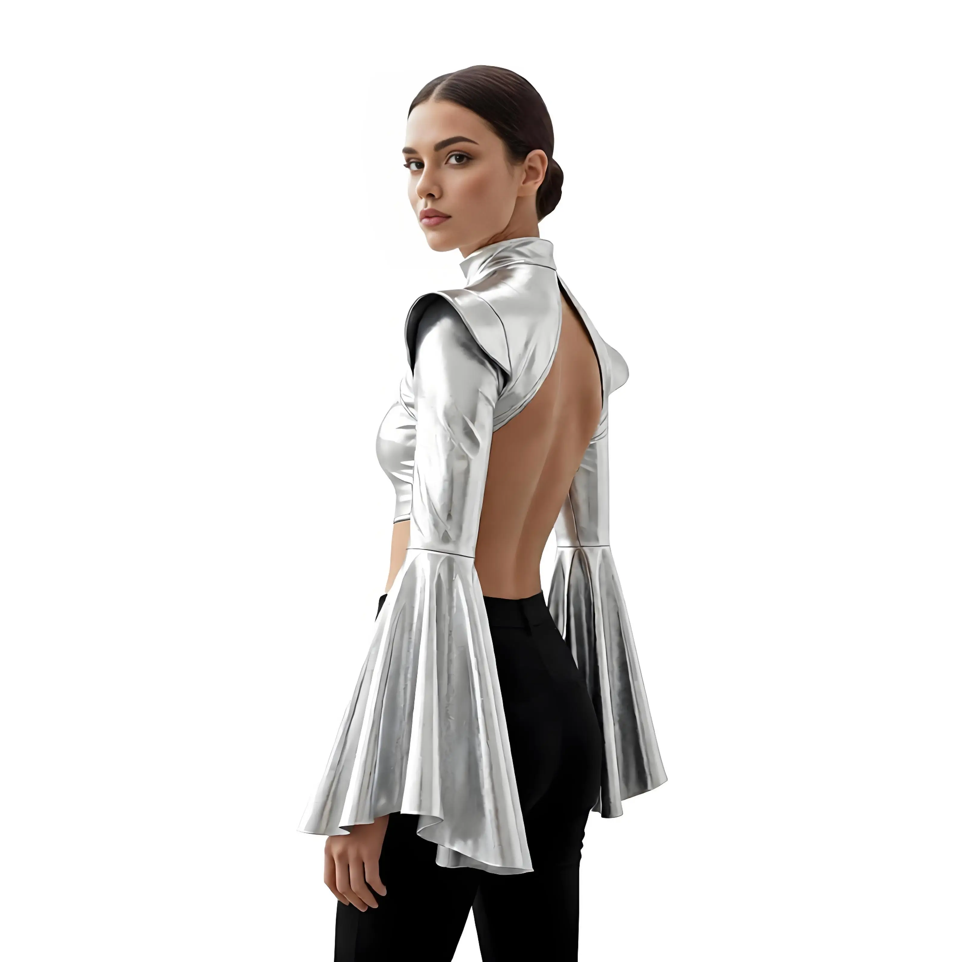 Women Halloween Costume Shrug Bolero Metallic Shoulder Armor Split Flared Long Sleeve Futuristic Shawl Disco Dance Top Costume