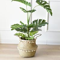 Natural Storage Basket Handmade Belly Basket with Decorative foldable Woven Basket with Handle for Laundry, Toys or Planters