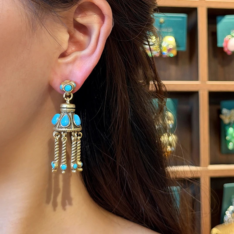 

Vintage Turquoise Stone Tassel Drop Earring For Women Long Antique Gold Color Luxury Jewelry Charms Dangle Thanksgiving Prom