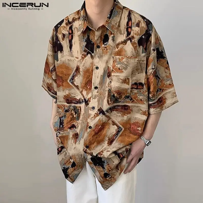 2024 Men Shirt Printing Summer Korean Style Loose Lapel Short Sleeve Fashion Shirts Streetwear Casual Men Clothing S-5XL INCERUN