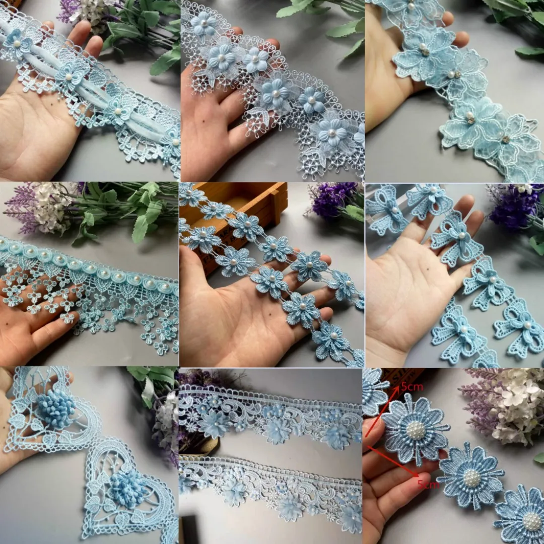 1 Yard Luxury Blue Lace Fabric Pearl Organza Tulle 3D Beads Flowers Embroidery Ribbon Trim Edge For DIY Sewing Neckline Decor