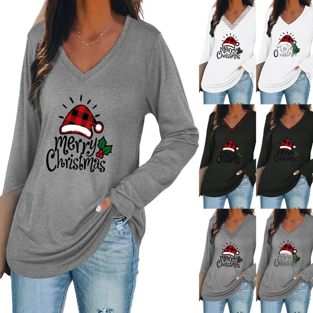 

Women's Christmas Theme T-shirt with Letter Print And Lace V-neck Long Sleeve European And American Style