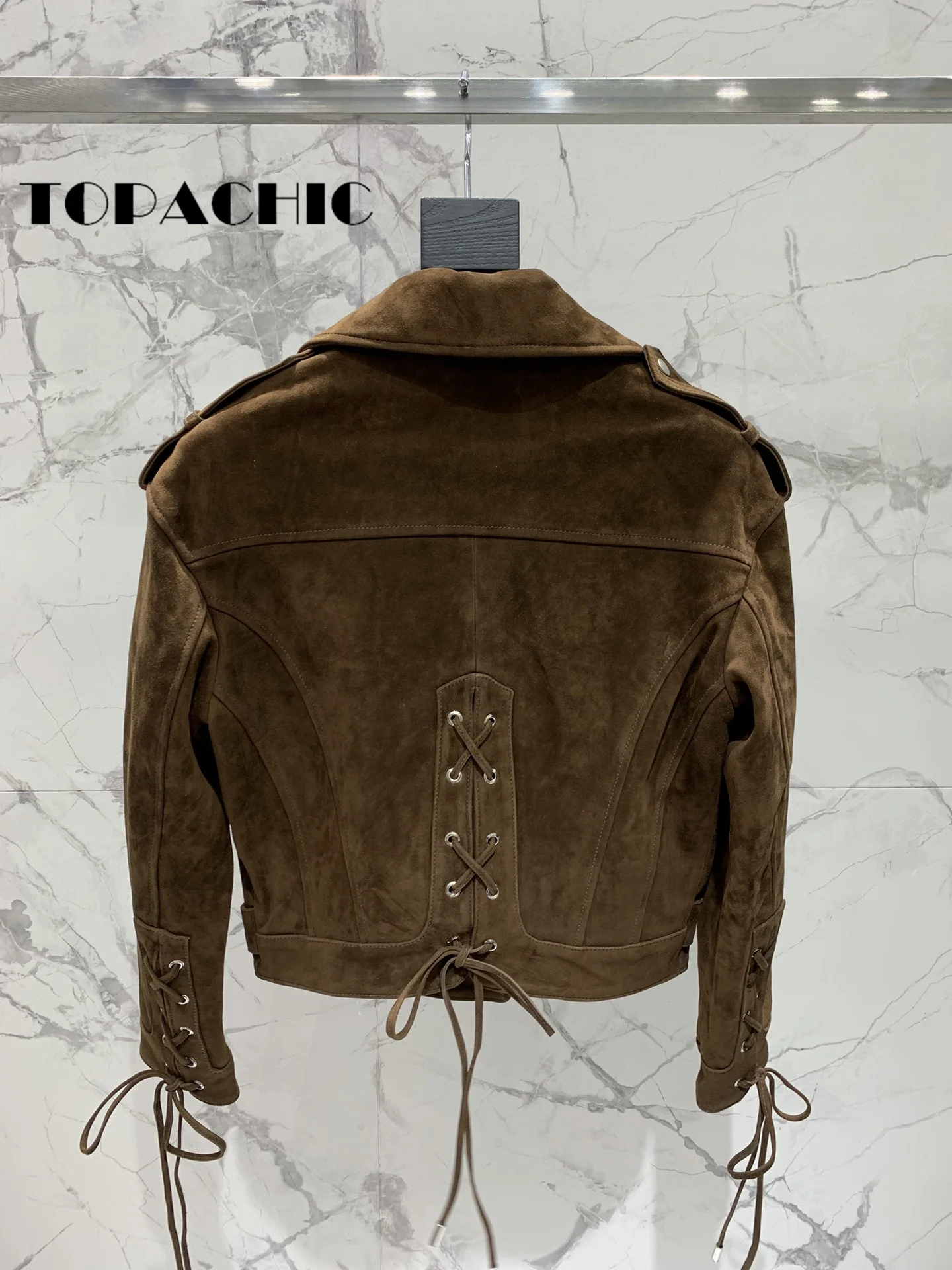 8.4 TOPACHIC Women Fashion Suede Sheepskin Hem Criss-Cross Bandage Jacket Lapel Epaulet Zipper Design Genuine Leather Outerwear