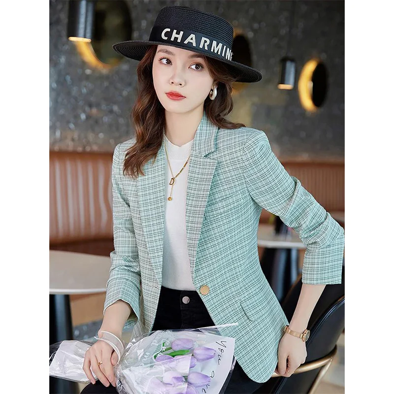 

Minimalist Casual Plaid Blazer Single Button Elegant High-end Long-sleeve Tops Formal Jacket Korean Trendy Fashion Women's Cloth