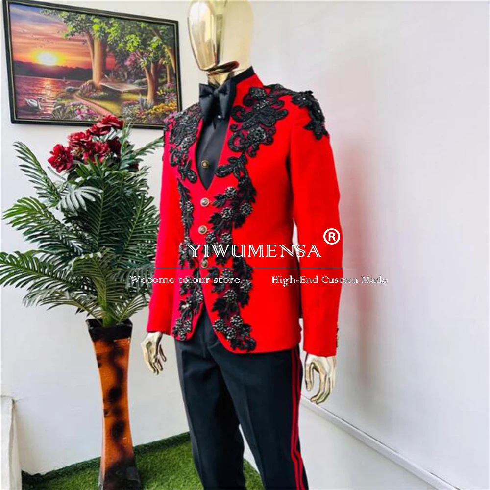 Luxury Groom Wedding Suits For Man Black Gemstone Beading Red Jacket Trousers 2 Pieces Men\'s Tuxedos Tailored Traje De Hombre