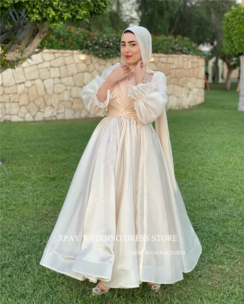 XPAY Modest Light Pink Silk Organza Satin Evening Dresses Puff Long Sleeves Crystal Ankle Length Prom Gowns With Hijab Elegant