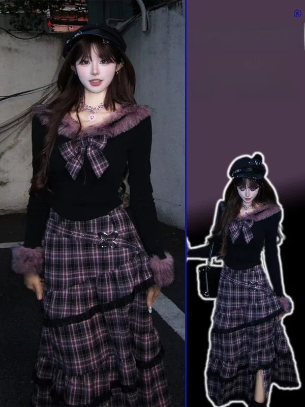 

plus Size Women's k Sle High Waist Plaid Skirt with Fur Collar Top Slim Fit Spring Autumn Faion Set Casual Workwear