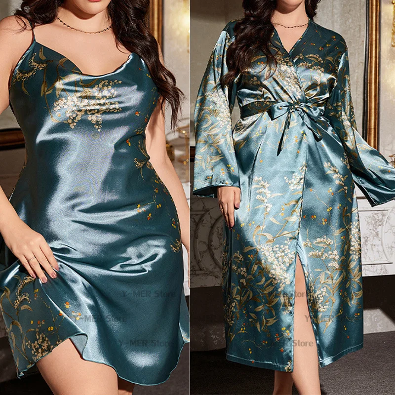 Women Big Size 3Xl 4Xl 5Xl Bathrobe Print Flower Nighty&robe Suit Sleepwear Silky Nightgown Sexy Satin Kimono Gown Nightwear