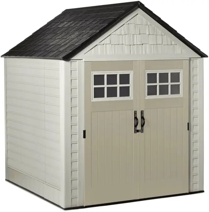 Resin Outdoor Storage Shed With Floor (7 x 7 Ft) Weather Resistant Beige/Brown Organization for Home/Backyard