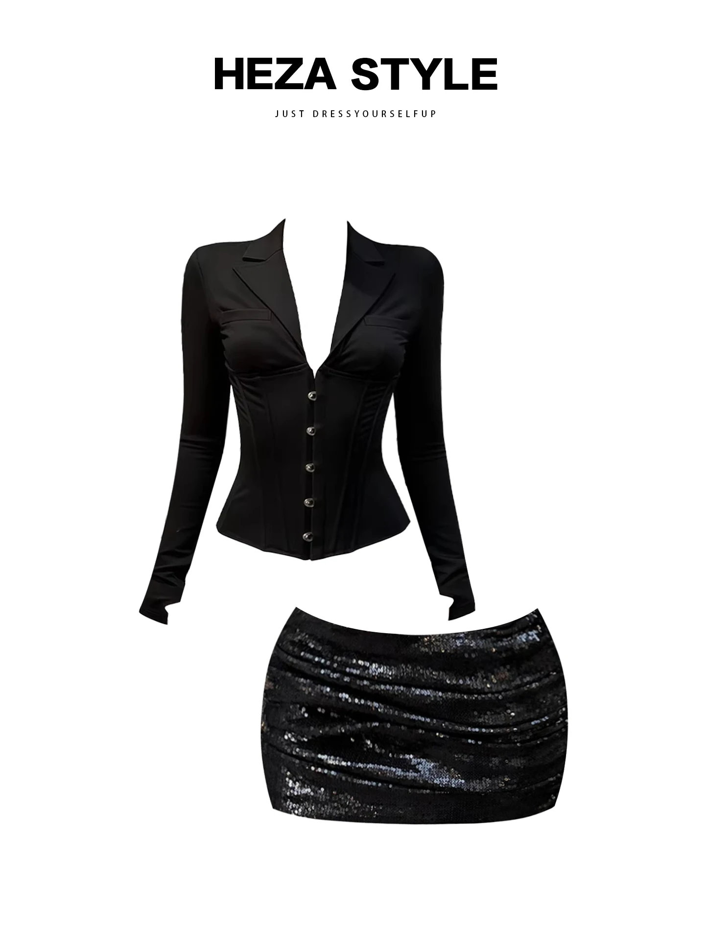 

HEZA Plump Spicy Girl Pure Desire V-ne Fibone, женская осенне-зимняя облегающая юбка с низкой талией и блестками, облегающий повседневный комплект Fa...