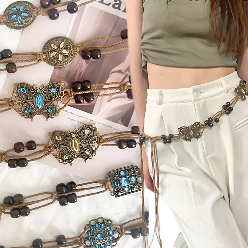Ретро бабочка с кисточками на талии Y2K модные богемные ремни летние пляжные аксессуары винтажный этнический цветок богемный пояс