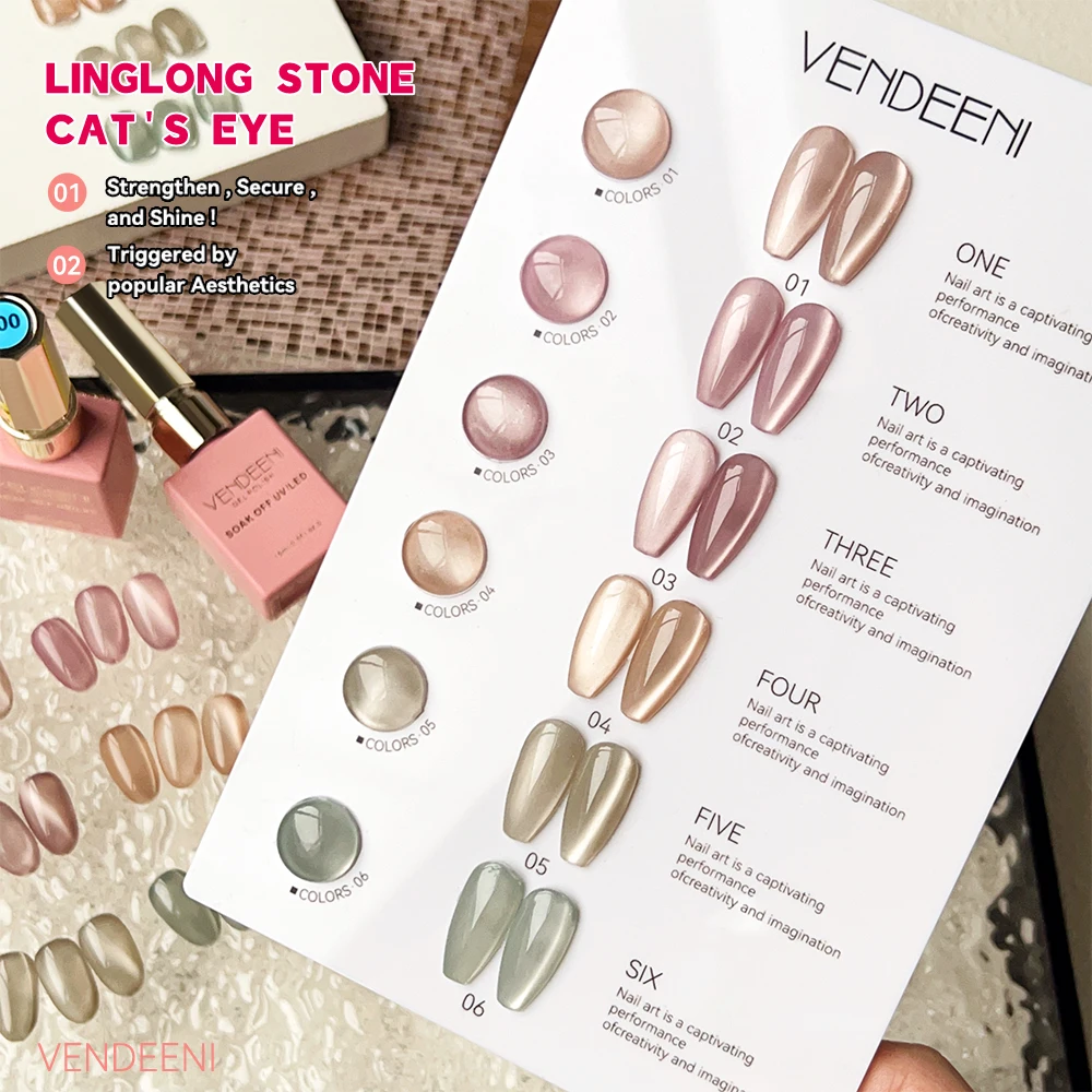 Vendeeni 6-kolorowy magnetyczny żelowy lakier do paznokci Cat Eye Zestaw różowych lakierów żelowych UV LED Soak Off Crystal Cat Eye Gel Lacquer z wyświetlaczem