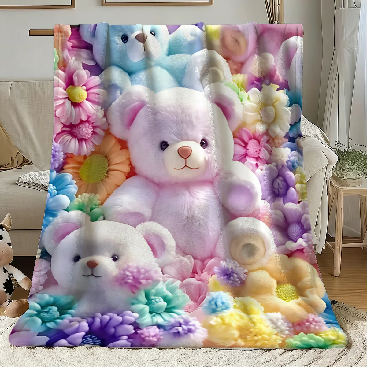 Super Soft Teddy Bear Floral Print Throw Blanket Plush Cozy Nursery Decor Gift for Baby Kids Room Comforter