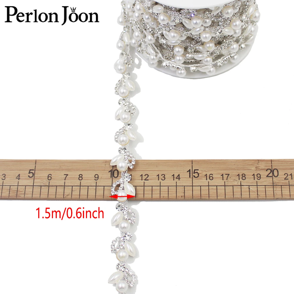 Classic leaf shape pearl crystal chain rhinestones trim Ribbon metal chain for dress, bag, shoes accessories ML008-3