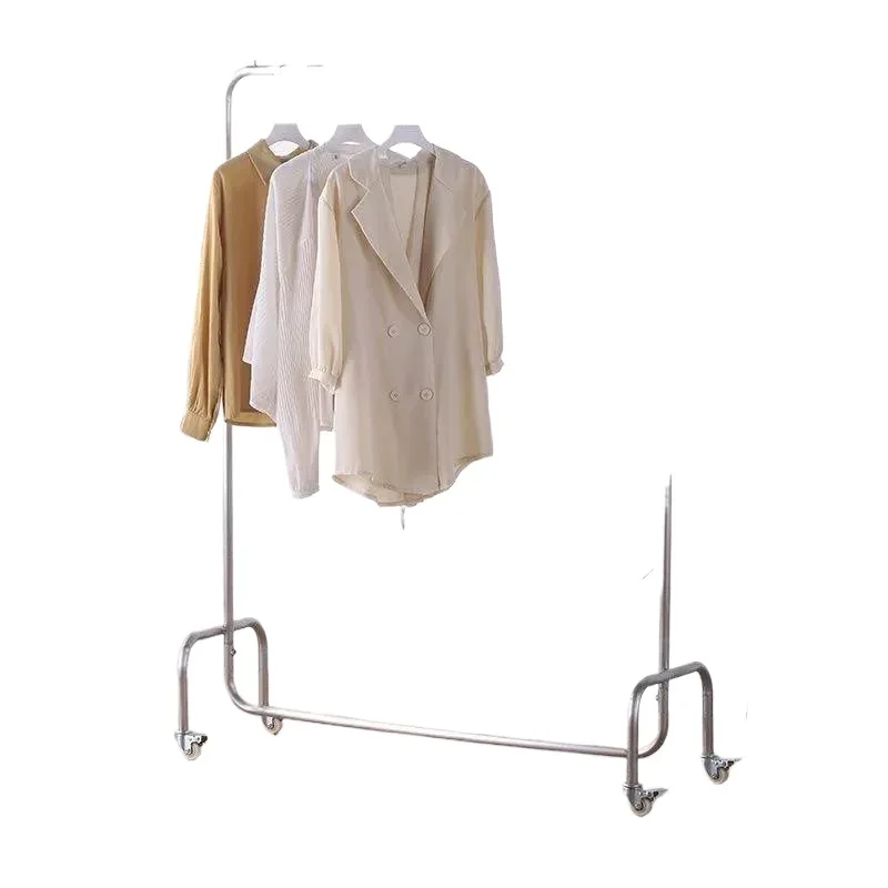 

Clothing store display rack, with wheels, floor-to-ceiling clothing rod, stainless steel, women's clothing store shelf