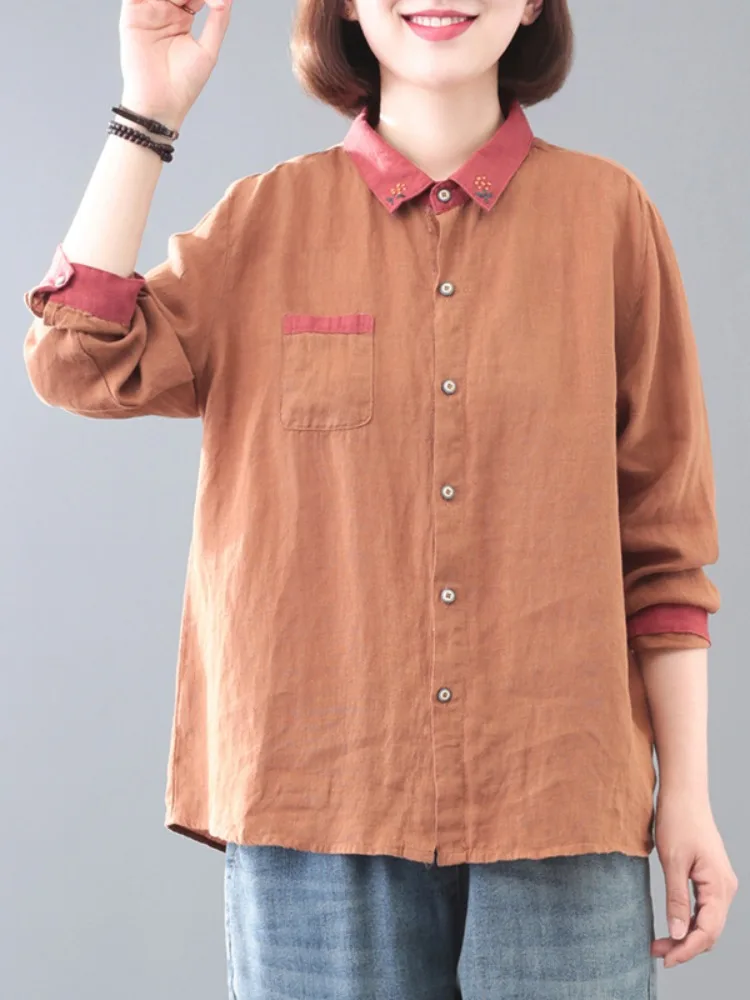 Lässiges, langärmliges Oberteil aus Baumwoll-Leinen für Damen, einfarbig, schlankmachend, mit Knopfdesign, normale Passform, einfarbig, Herbstkleidung