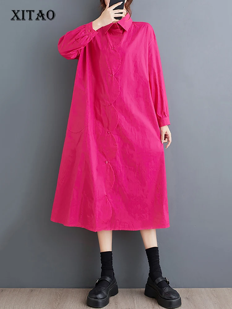 

XITAO Turn-down Collar Single Breasted Shirt Dress Solid Color A-line Loose Fashion Mid-calf Korea Dress 2024 Autumn WLD20242