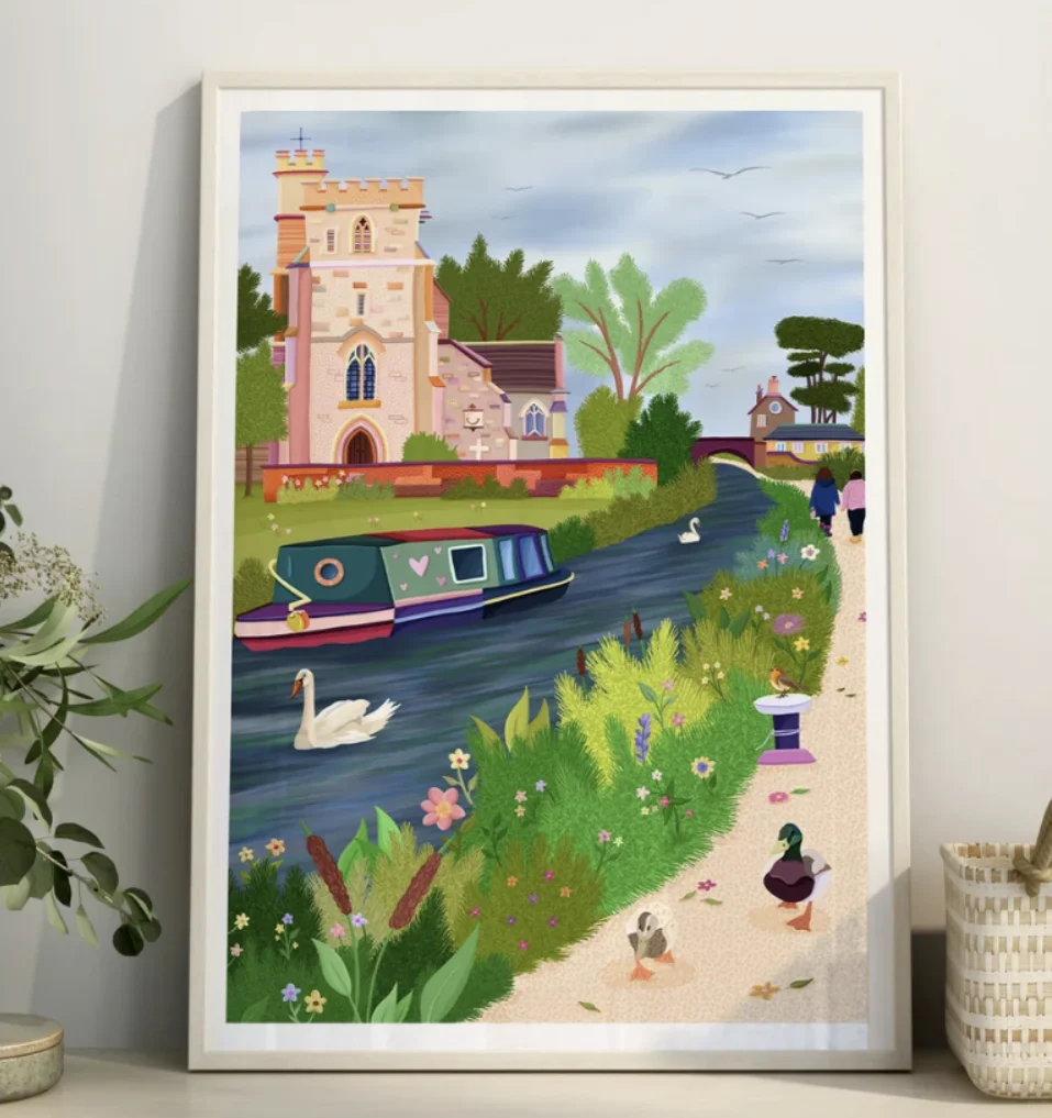 Vintage UK Riverside Canal Canvas Wall Art Prints Decor, Country Church & Duck Poster for Bedroom, Entryway, Cafe
